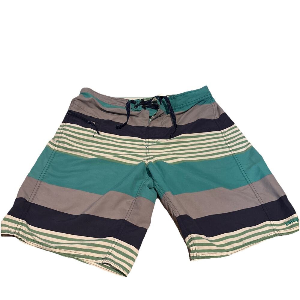 Patagonia Wavefarer Board Shorts Mens 32 Gray Green Striped Zip Pocket